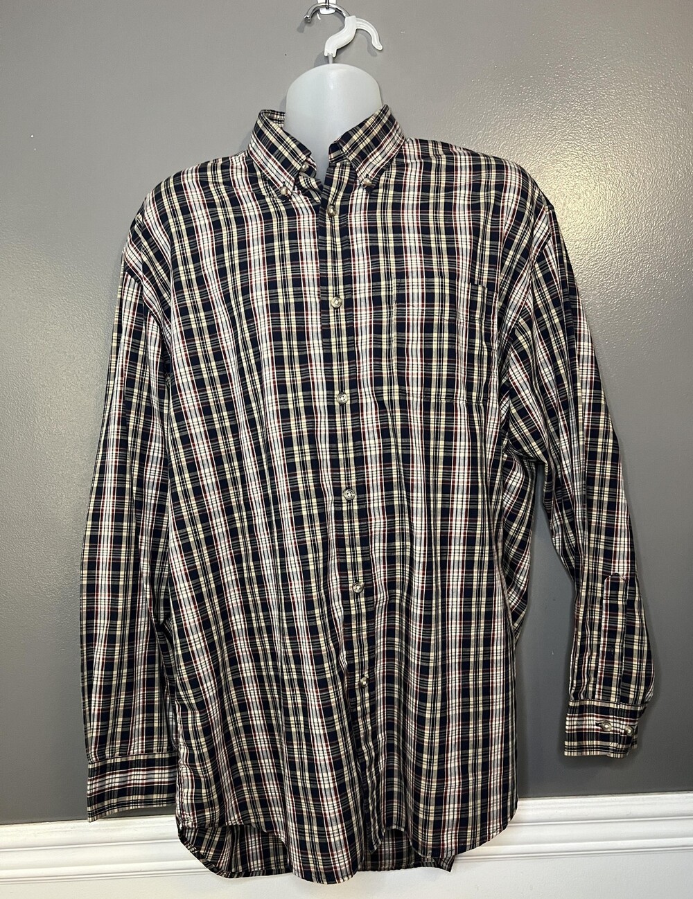 Saddlebred Button Down Shirt Mens Large Tall LT Navy Red Plaid Long Sleeve VTG